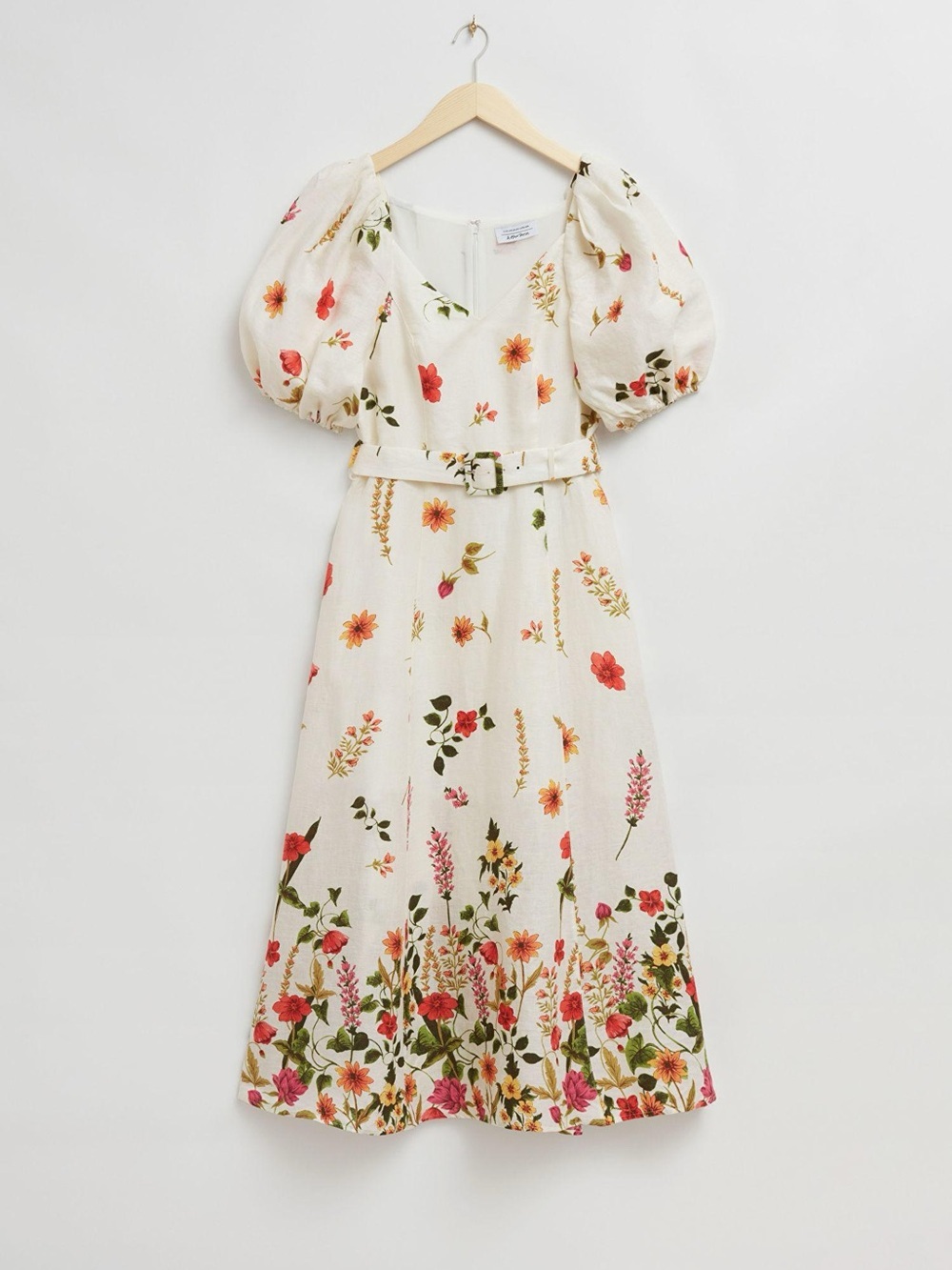 new & Other Stories linen puff sleeve midi dress in belted white floral print